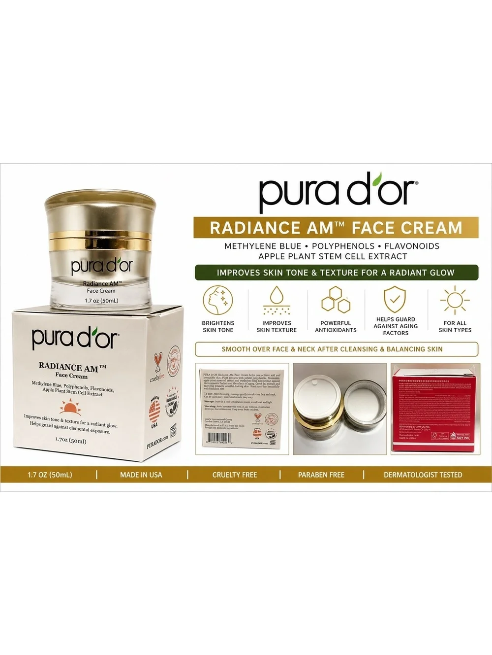 pura d'or Radiance AM Face Cream 1.7 oz (50 mL)
